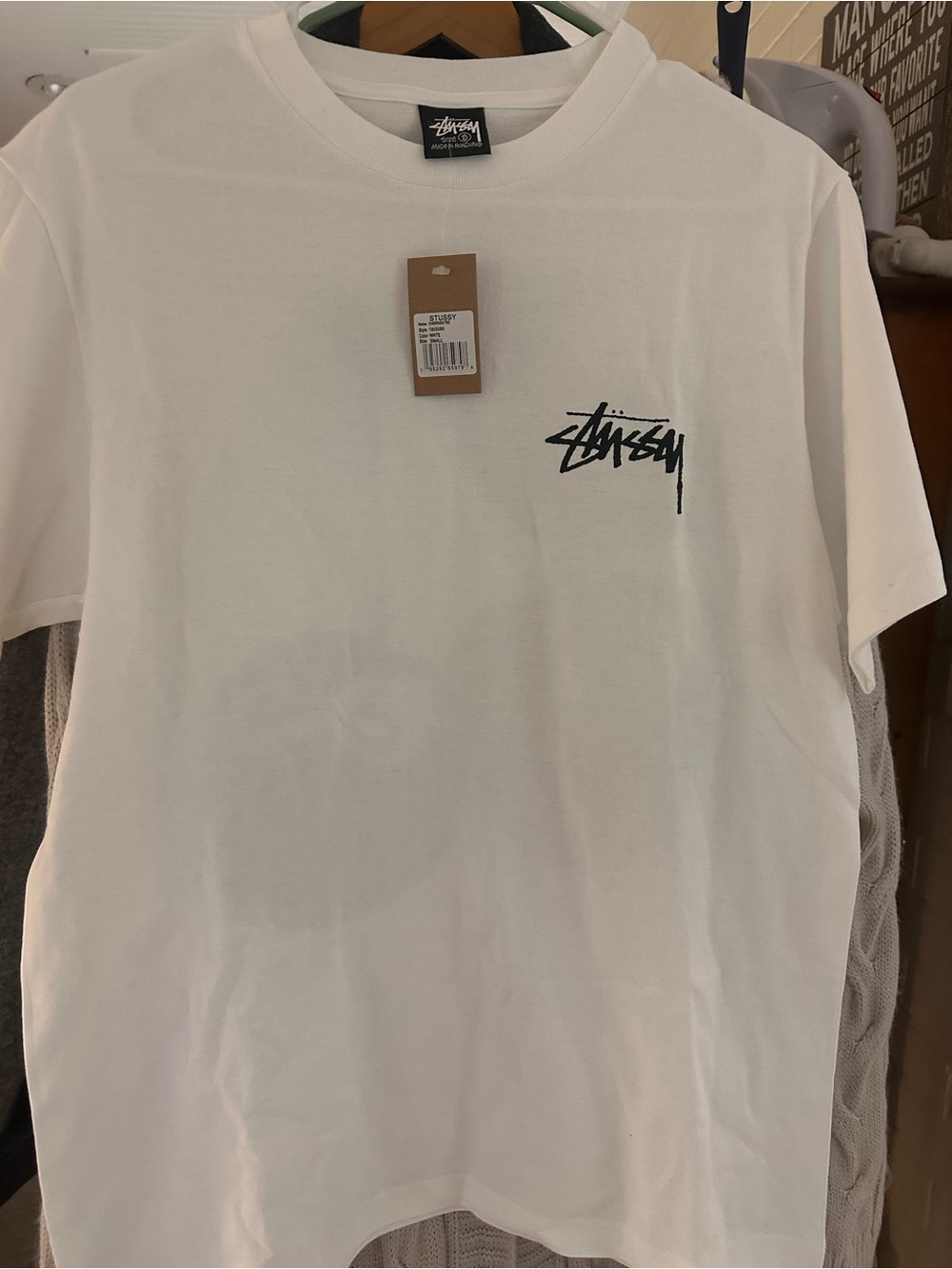 Stussy White Crewneck Tee with Black Chest Logo
